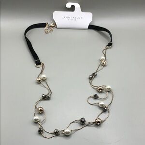 𝅺Ann Taylor faux pearl crystal double layer layered long chain necklace NWT